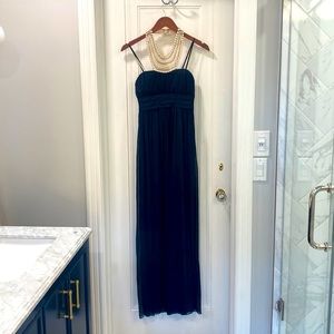 Elegant floor length navy chiffon evening gown